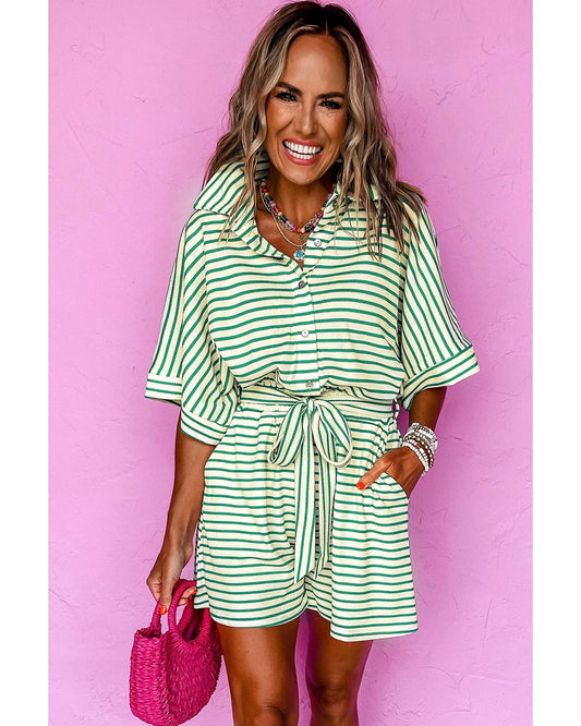 Collared Buttoned Waist Tie Romper