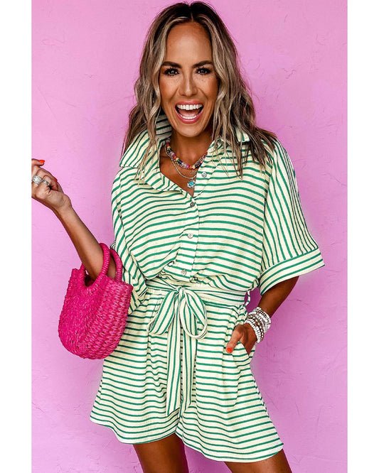 Collared Buttoned Waist Tie Romper
