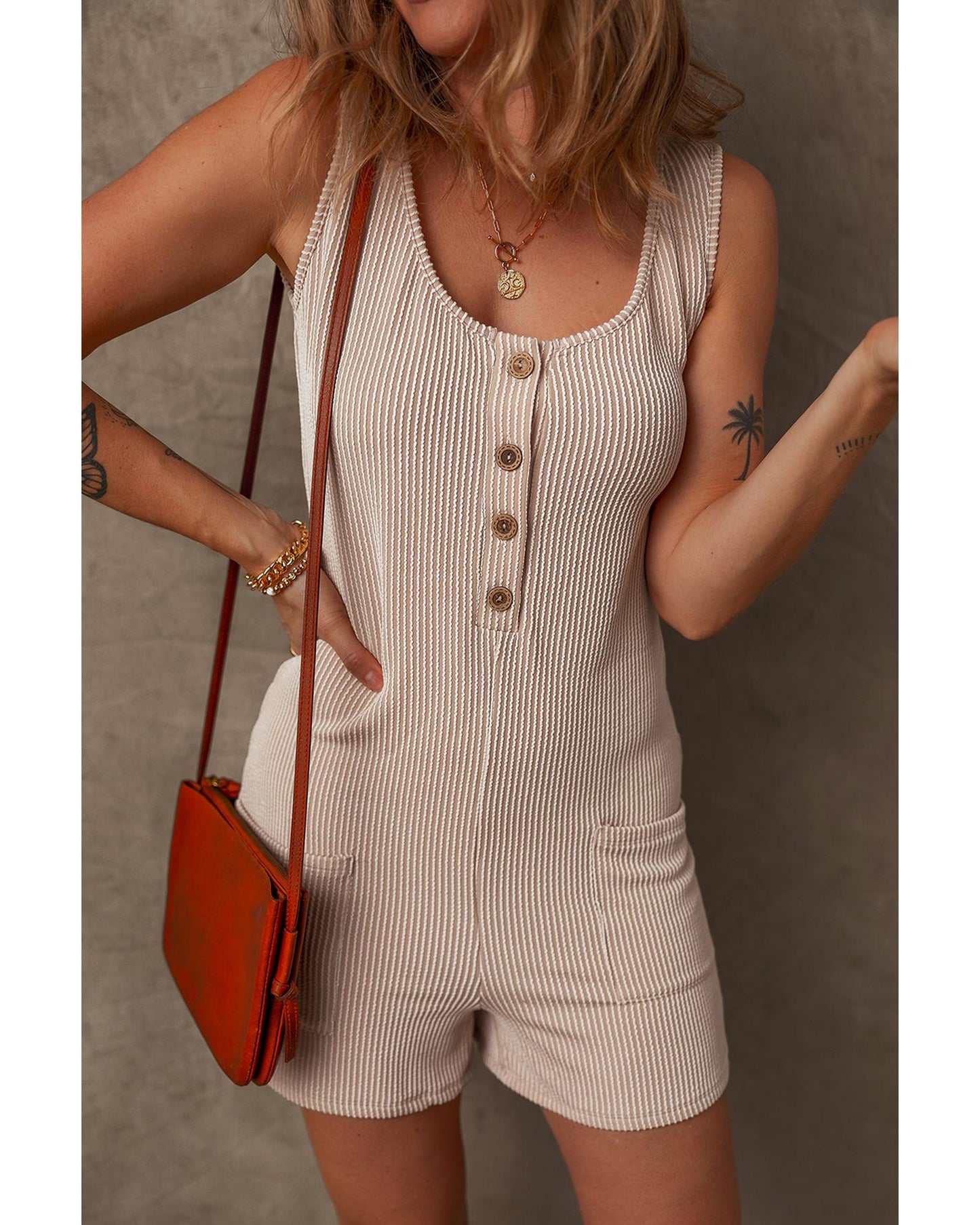Parchment Corded Knit Romper with Side Pockets