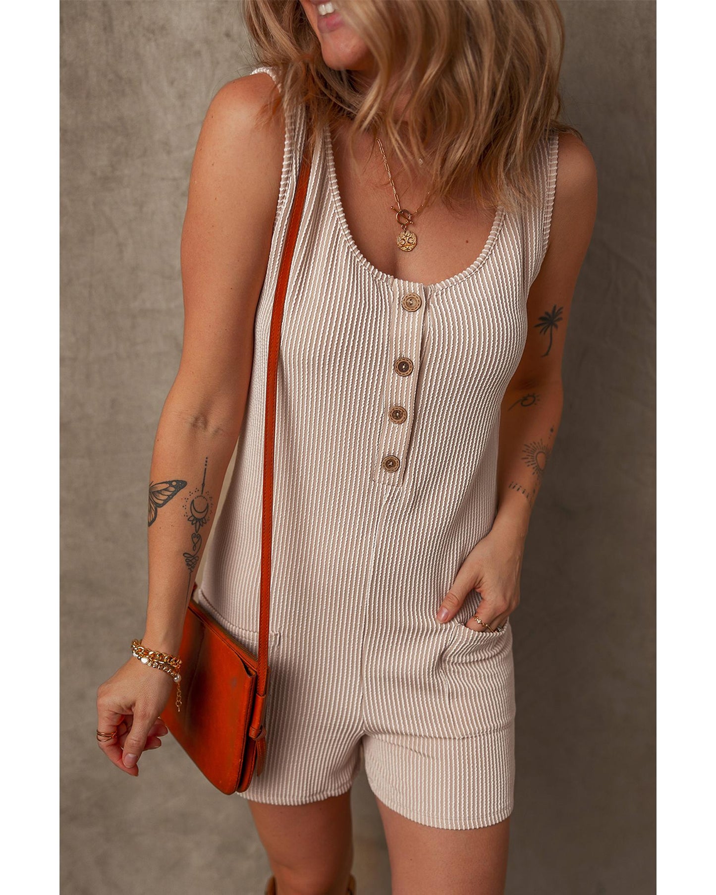 Parchment Corded Knit Romper with Side Pockets