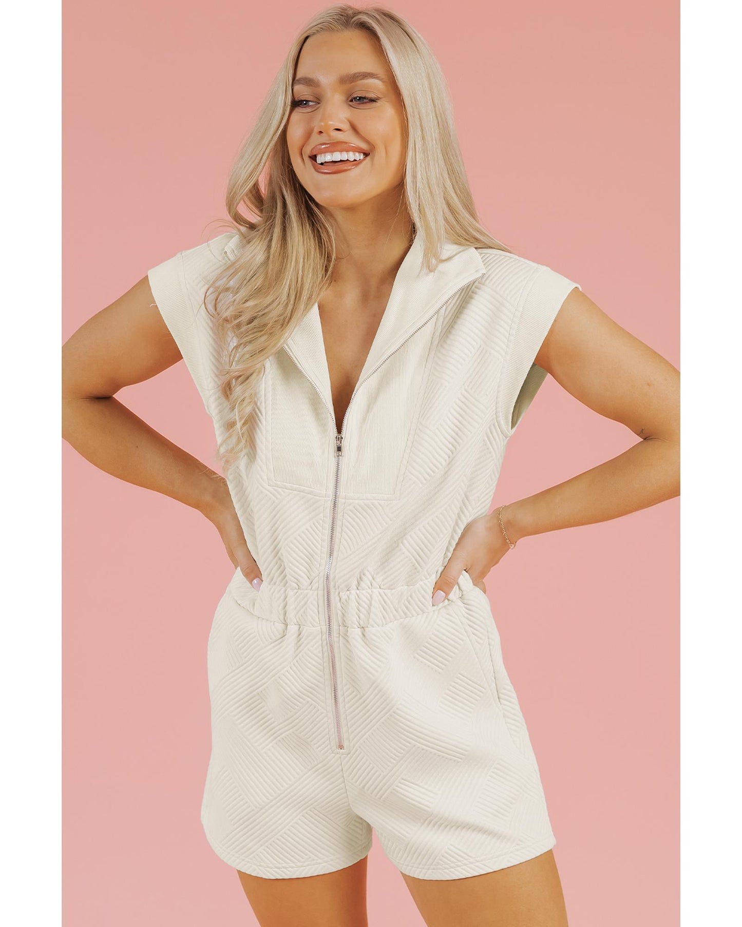 Textured Zipped Front V Neck Collared Romper