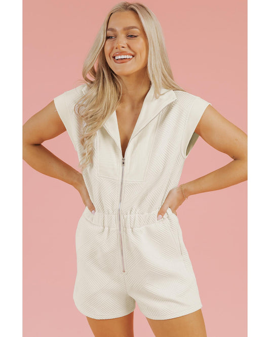 Textured Zipped Front V Neck Collared Romper