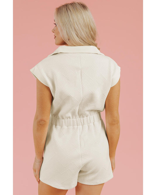 Textured Zipped Front V Neck Collared Romper
