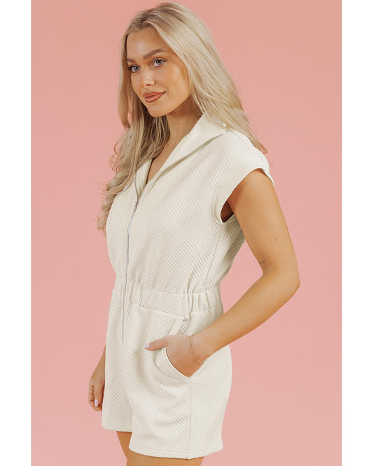 Textured Zipped Front V Neck Collared Romper