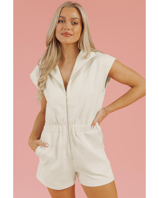 Textured Zipped Front V Neck Collared Romper