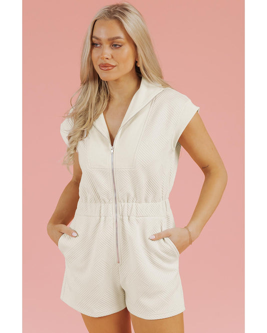 Textured Zipped Front V Neck Collared Romper