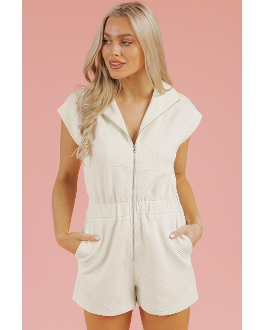 Textured Zipped Front V Neck Collared Romper