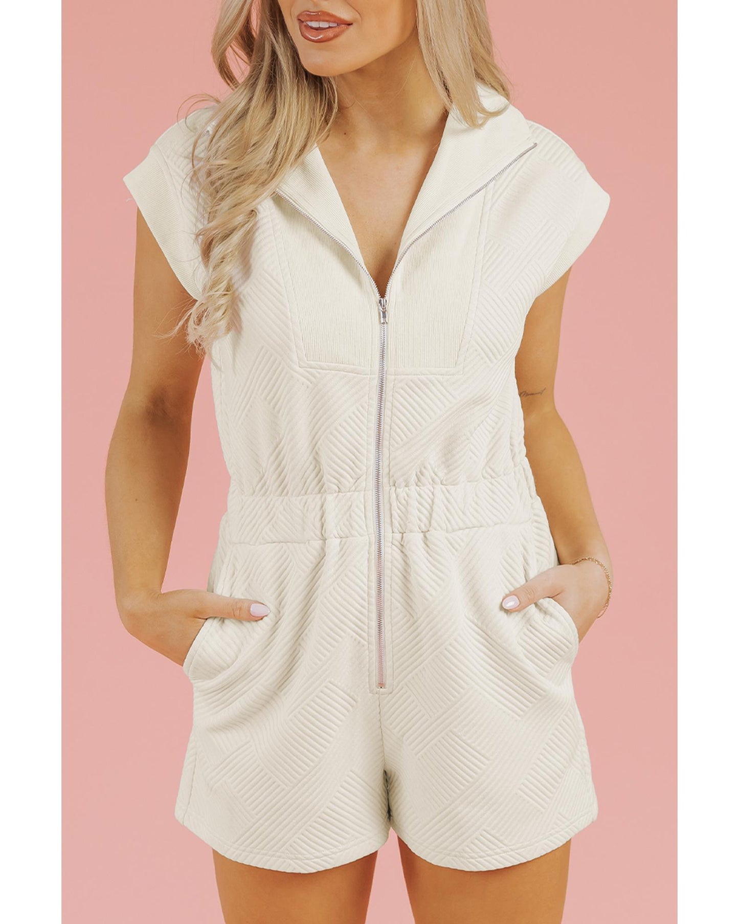 Textured Zipped Front V Neck Collared Romper