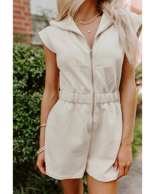 Textured Zipped Front V Neck Collared Romper
