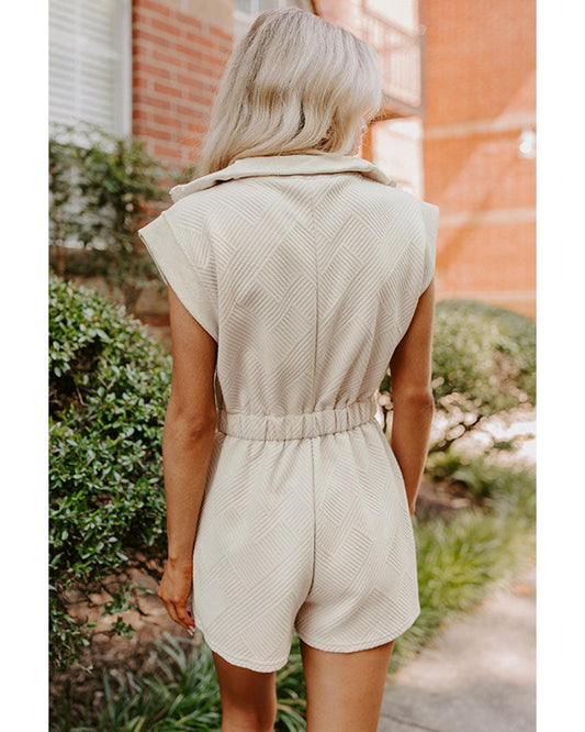 Textured Zipped Front V Neck Collared Romper