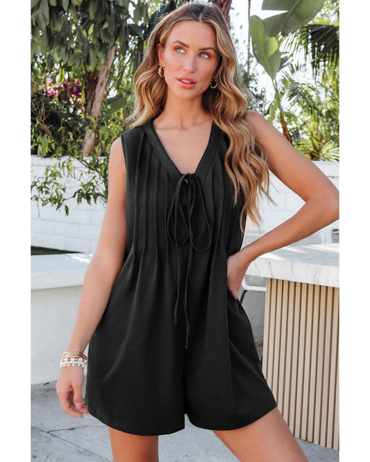 Black Pin tuck Sleeveless Loose Romper