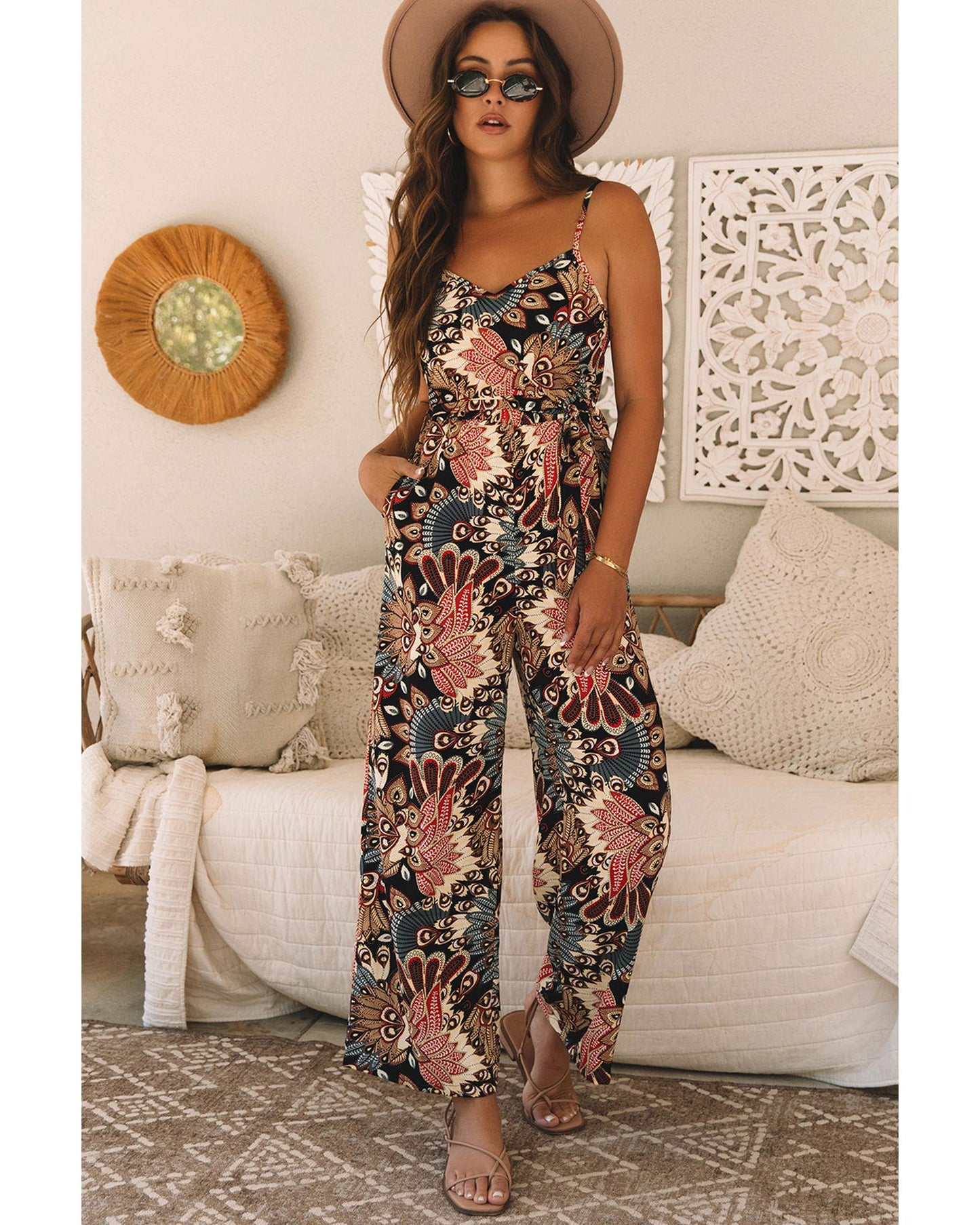 Black Floral Print Belted Wide Leg Jumpsuit