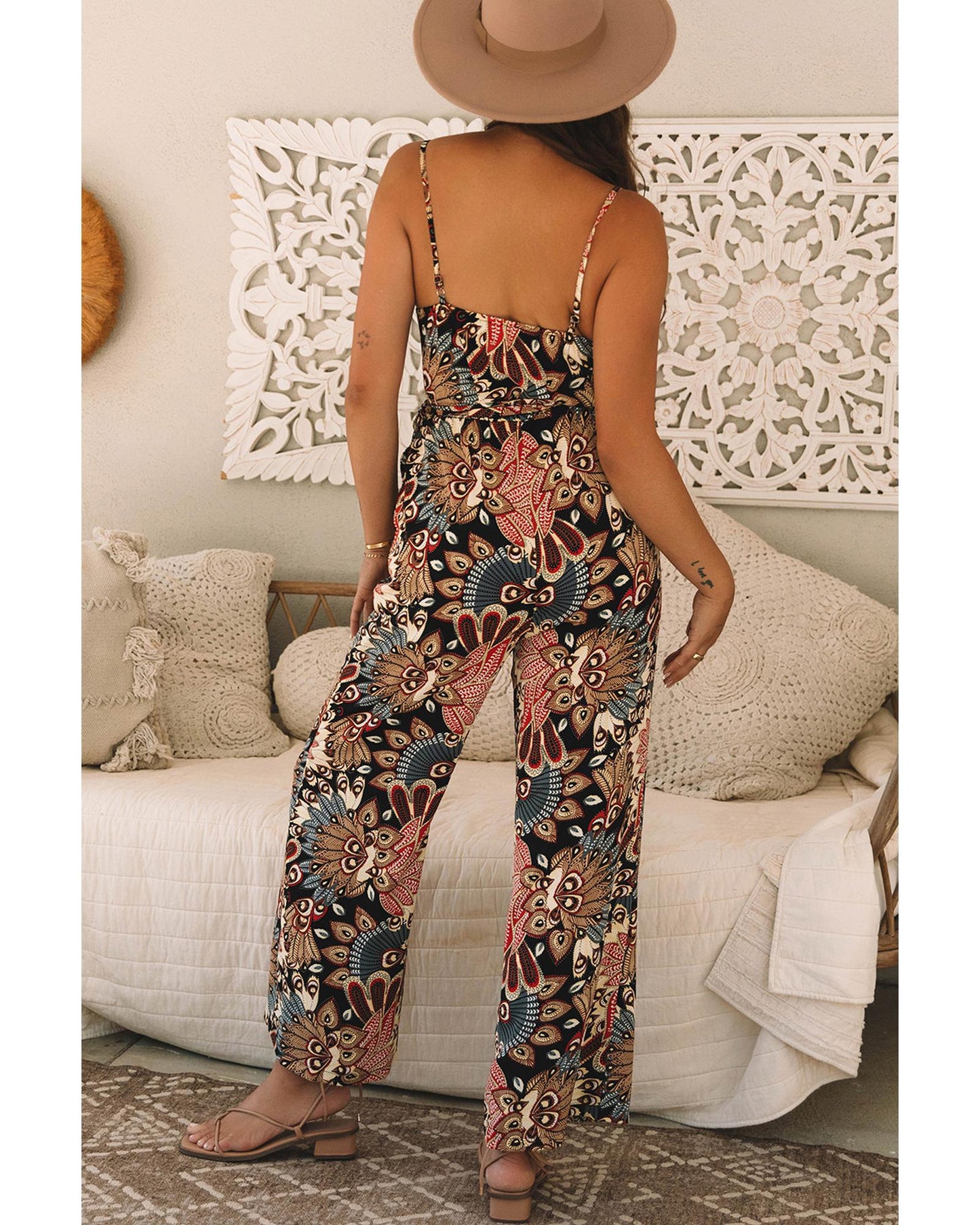 Black Floral Print Belted Wide Leg Jumpsuit