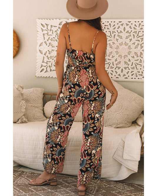 Black Floral Print Belted Wide Leg Jumpsuit