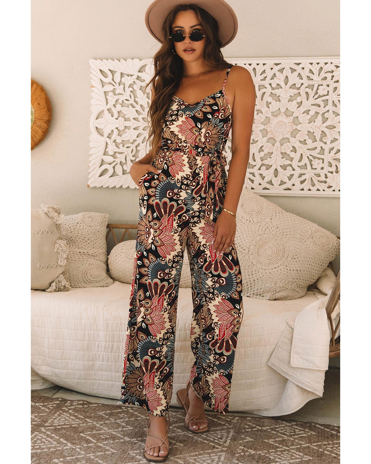 Black Floral Print Belted Wide Leg Jumpsuit