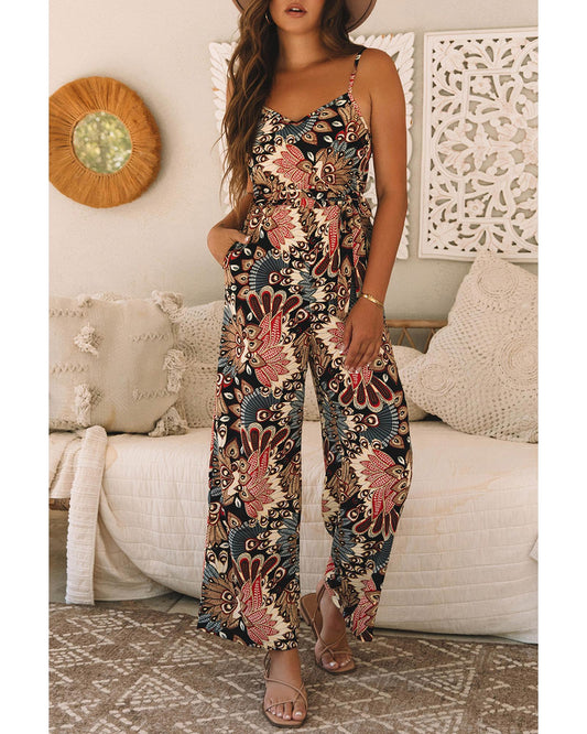 Black Floral Print Belted Wide Leg Jumpsuit