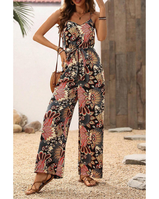 Black Floral Print Belted Wide Leg Jumpsuit