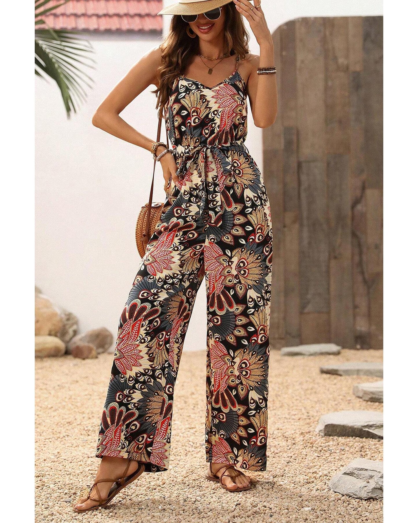 Black Floral Print Belted Wide Leg Jumpsuit