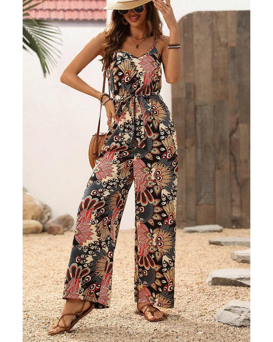 Black Floral Print Belted Wide Leg Jumpsuit