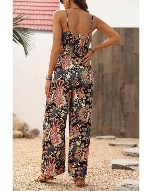 Black Floral Print Belted Wide Leg Jumpsuit