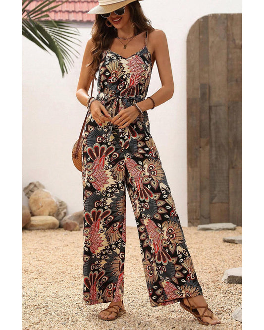 Black Floral Print Belted Wide Leg Jumpsuit