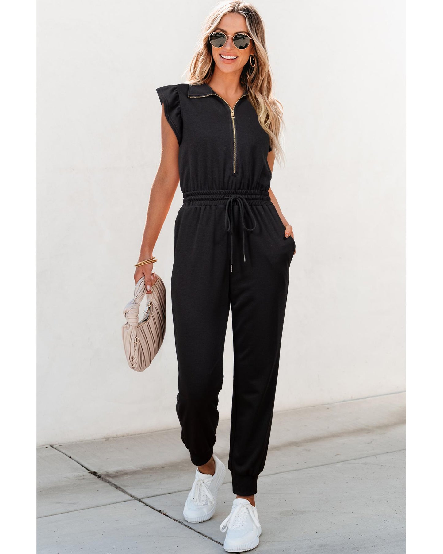 Black Zipper Flutter Sleeve Drawstring High Waist Jumpsuit