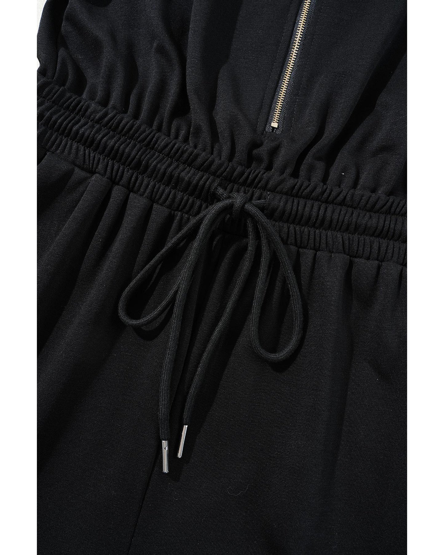 Black Zipper Flutter Sleeve Drawstring High Waist Jumpsuit