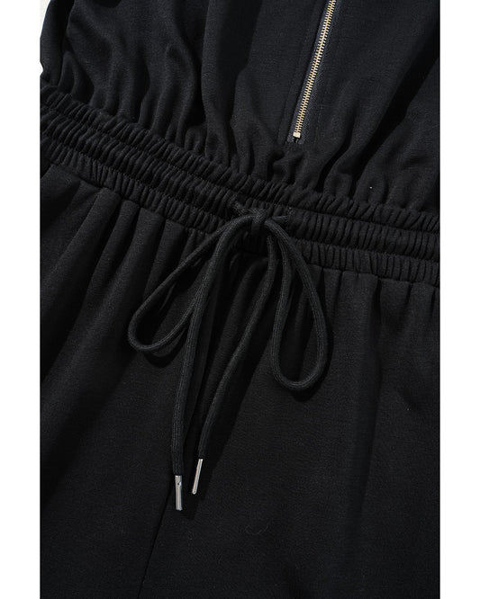 Black Zipper Flutter Sleeve Drawstring High Waist Jumpsuit