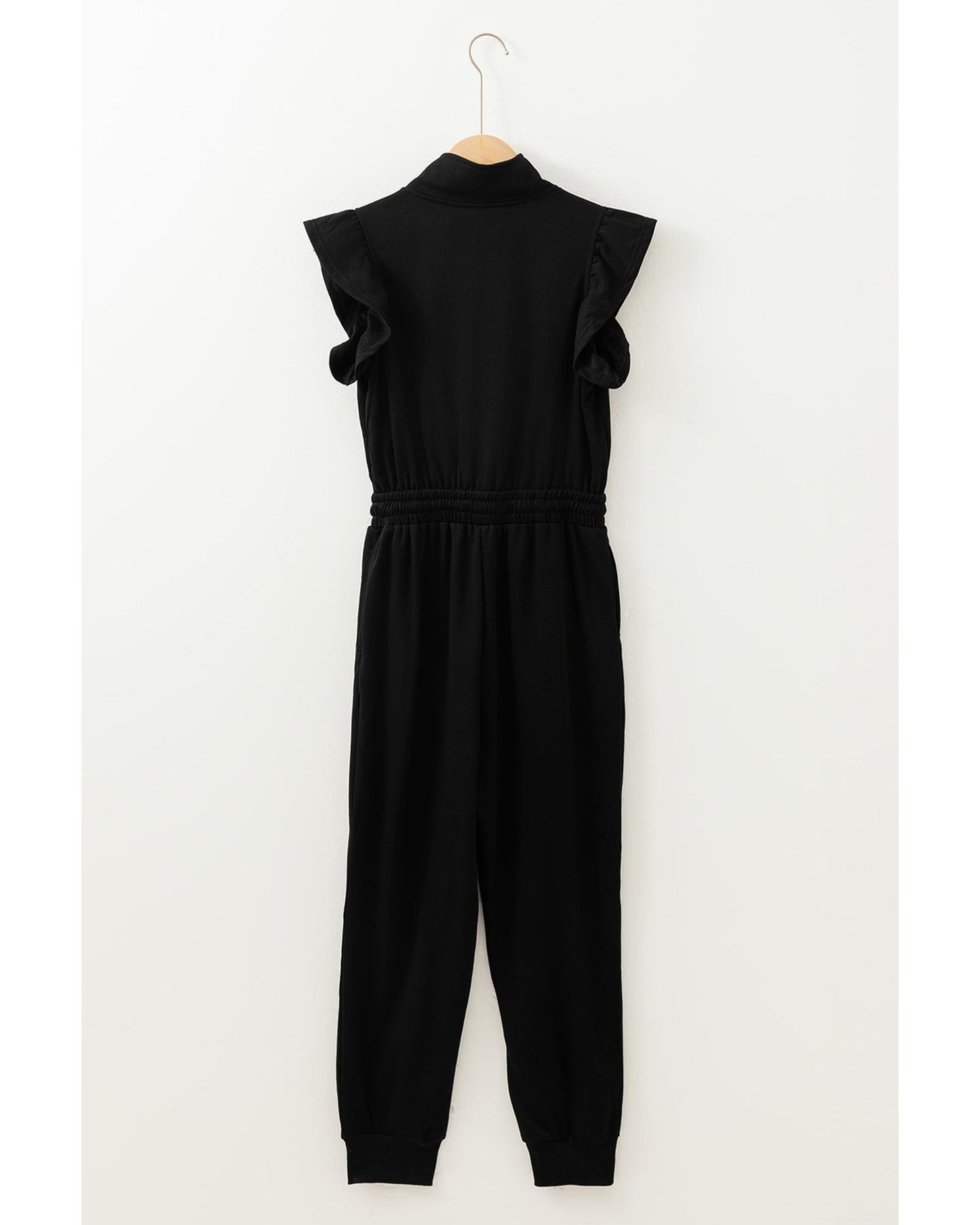 Black Zipper Flutter Sleeve Drawstring High Waist Jumpsuit