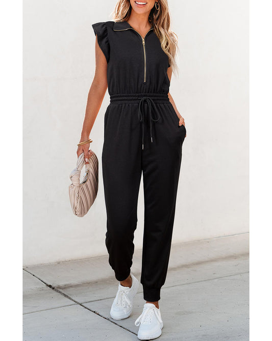 Black Zipper Flutter Sleeve Drawstring High Waist Jumpsuit