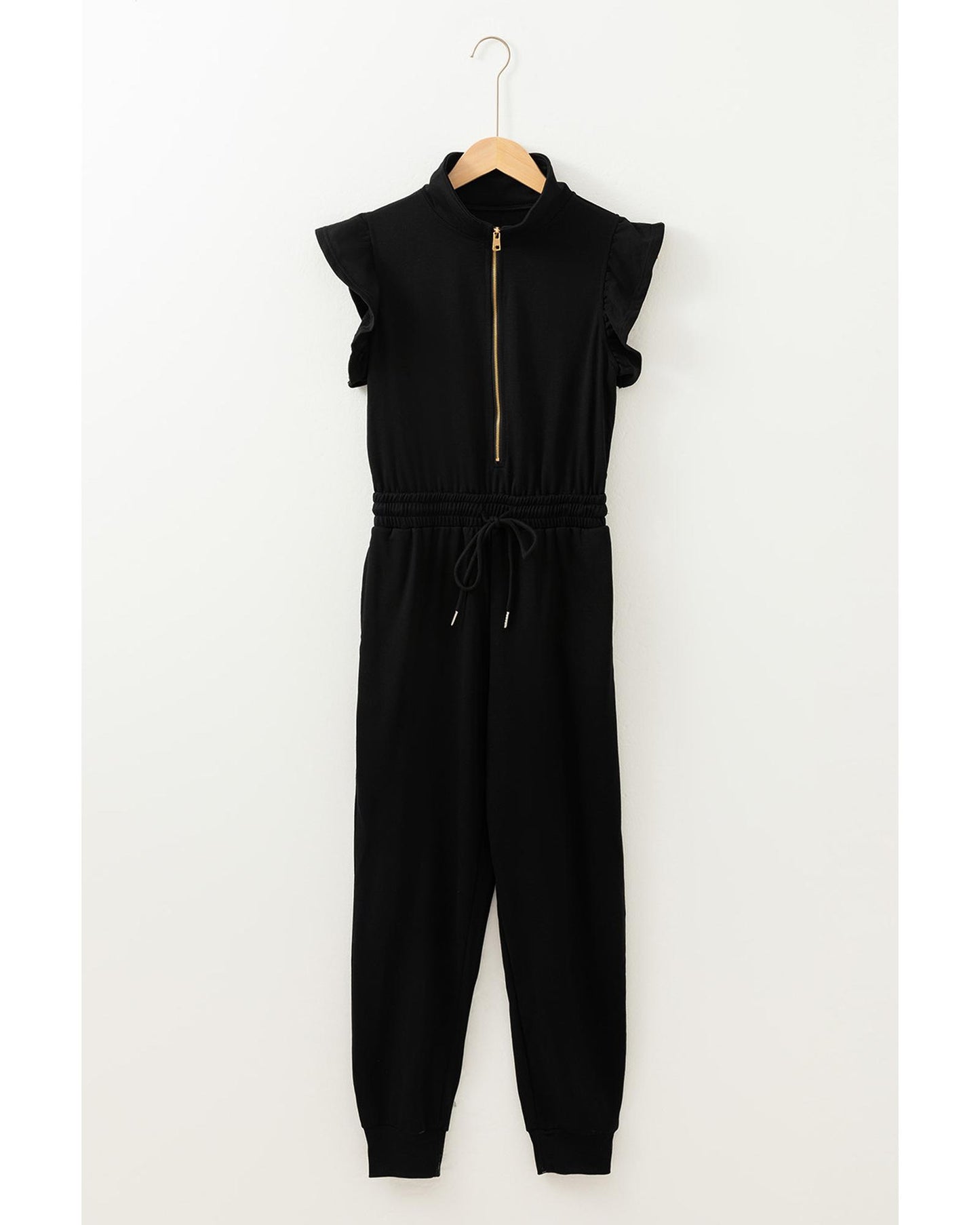Black Zipper Flutter Sleeve Drawstring High Waist Jumpsuit