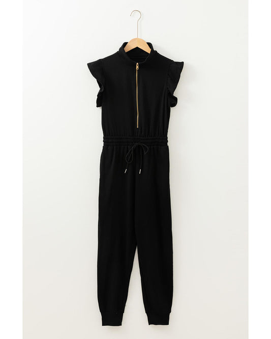 Black Zipper Flutter Sleeve Drawstring High Waist Jumpsuit