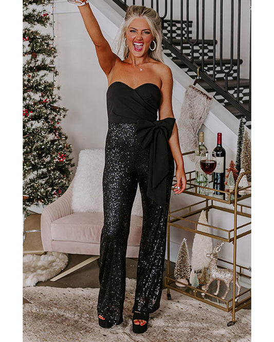 Black Sequined Tube Top Waist Knot Wide Leg Jumpsuit