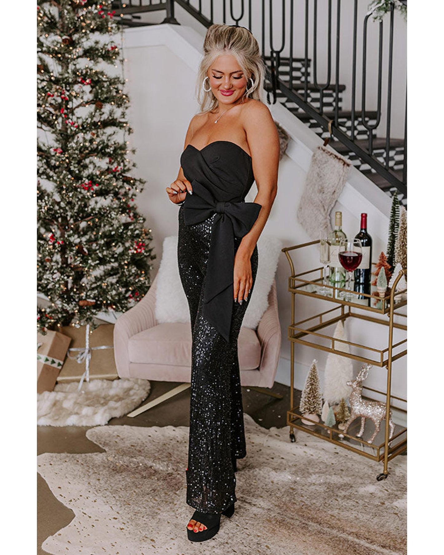 Black Sequined Tube Top Waist Knot Wide Leg Jumpsuit