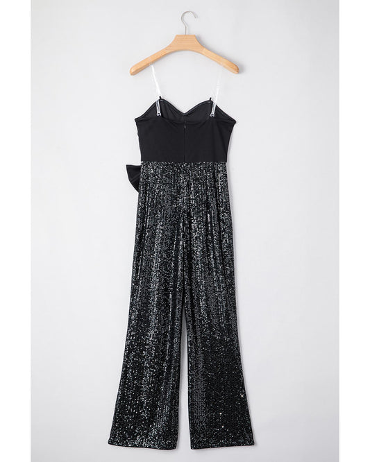 Black Sequined Tube Top Waist Knot Wide Leg Jumpsuit