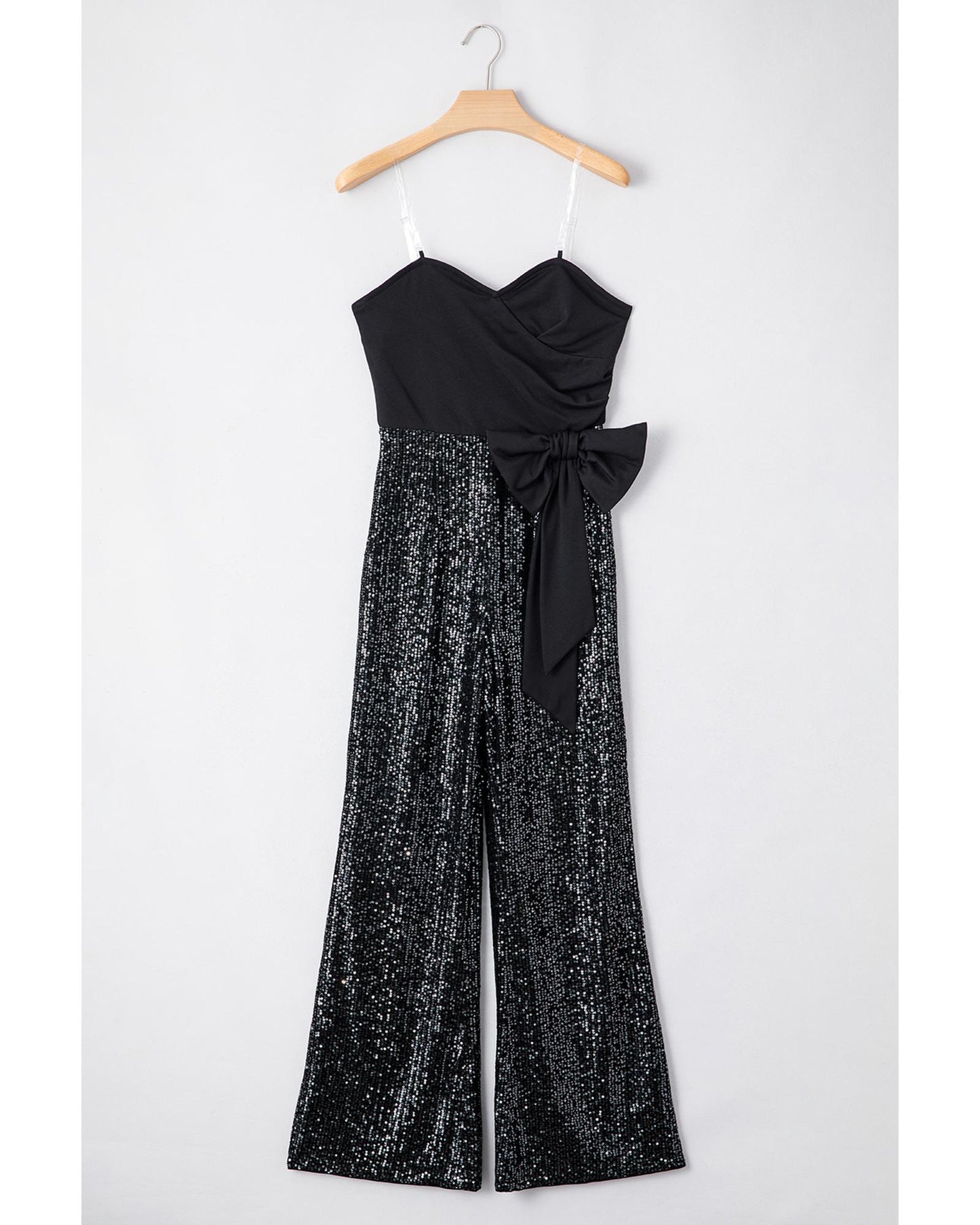 Black Sequined Tube Top Waist Knot Wide Leg Jumpsuit