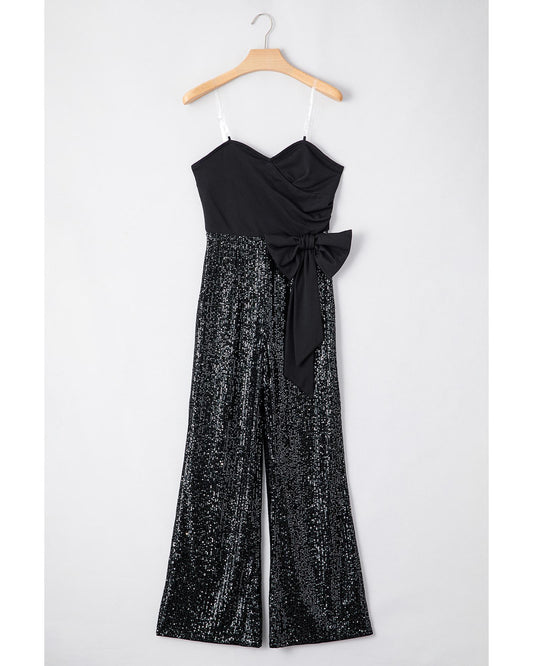 Black Sequined Tube Top Waist Knot Wide Leg Jumpsuit