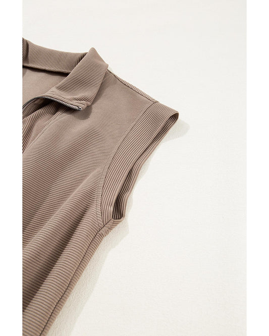 Dark Khaki Textured Half Zip Drawstring Waist Romper
