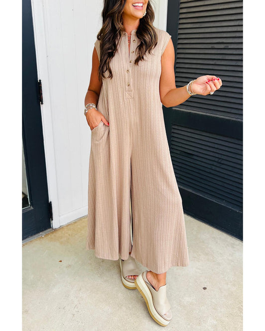 Smoke Gray Textured Buttoned Wide Leg Sleeveless Jumpsuit
