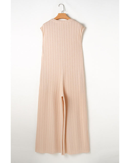 Smoke Gray Textured Buttoned Wide Leg Sleeveless Jumpsuit