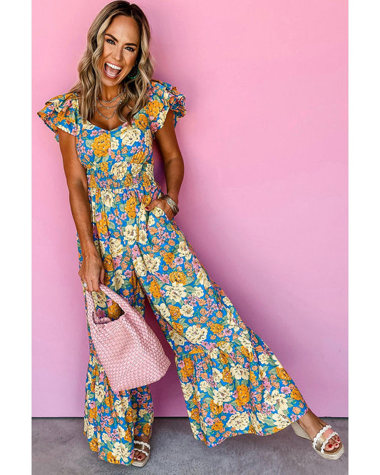 Floral Shirred Cut Out High-Waist Jumpsuit