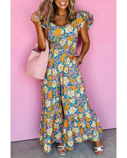 Floral Shirred Cut Out High-Waist Jumpsuit