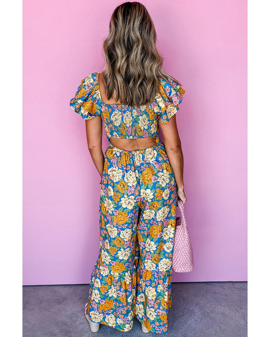 Floral Shirred Cut Out High-Waist Jumpsuit