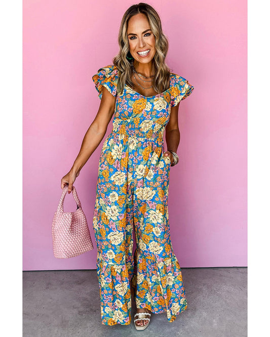Floral Shirred Cut Out High-Waist Jumpsuit