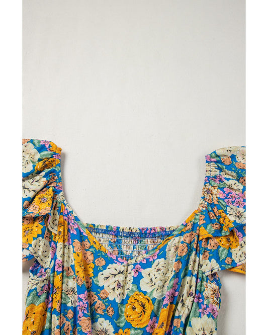 Floral Shirred Cut Out High-Waist Jumpsuit