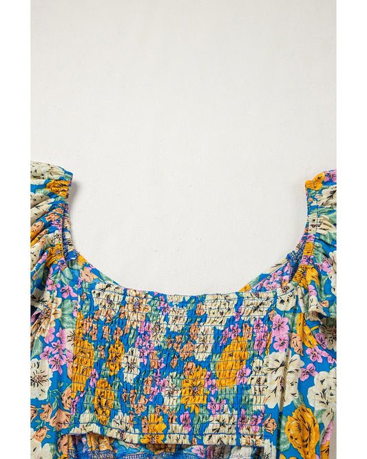 Floral Shirred Cut Out High-Waist Jumpsuit