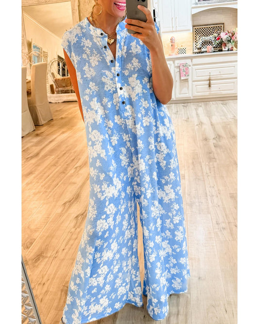 Myosotis Floral Print Half Button Wide Leg Relaxed Jumpsuit