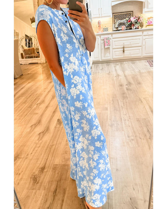 Myosotis Floral Print Half Button Wide Leg Relaxed Jumpsuit