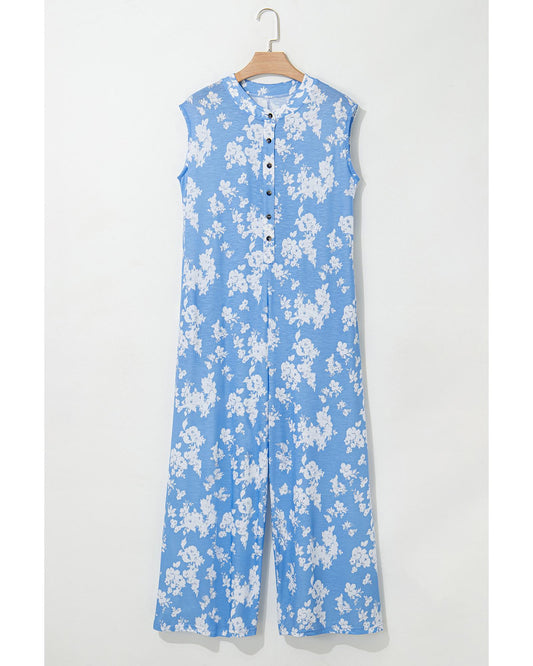 Myosotis Floral Print Half Button Wide Leg Relaxed Jumpsuit