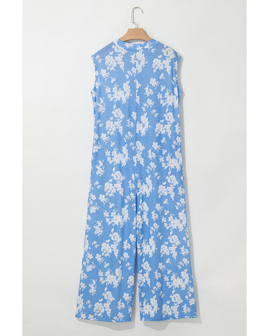 Myosotis Floral Print Half Button Wide Leg Relaxed Jumpsuit